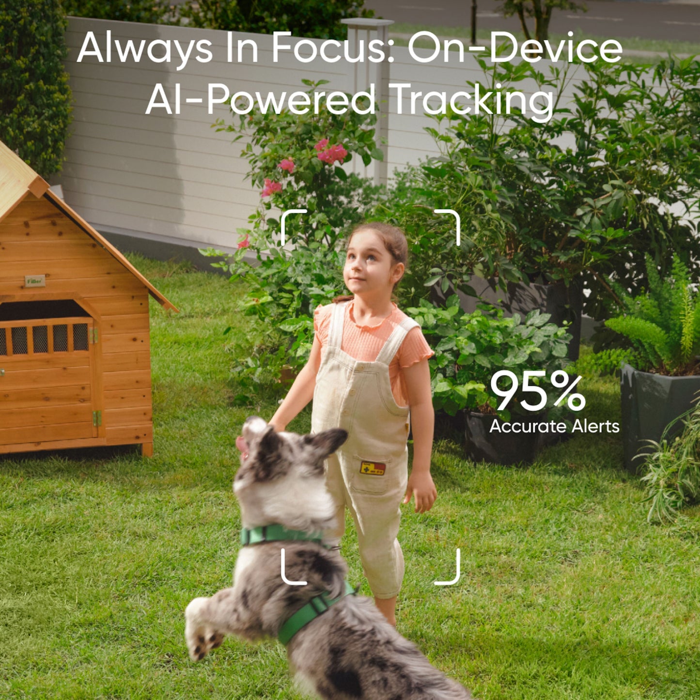 Eufy SoloCam S340 trådløst overvågningskamera med solpanel, tekst Always In Focus og 95 præcise alarmer.