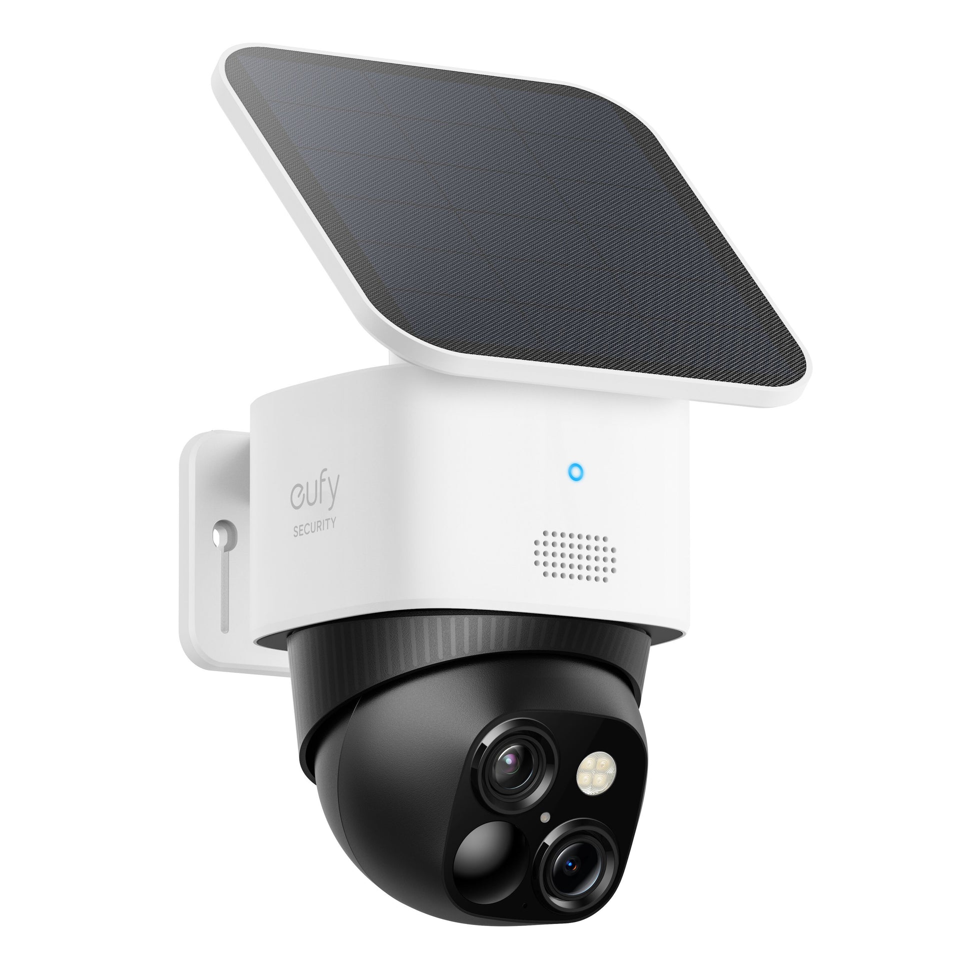 Eufy SoloCam S340 trådløst overvågningskamera hvid med sort roterende base, solpanel, blåt lys og to linser.