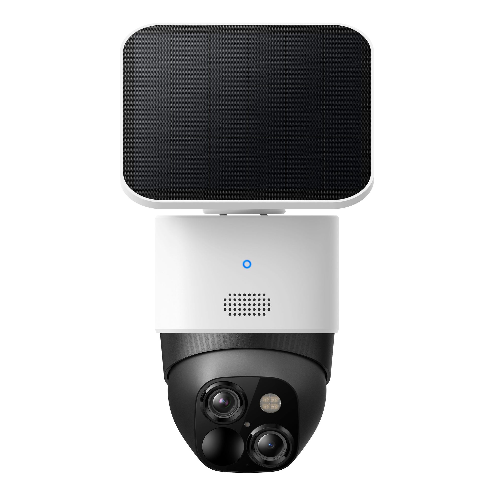 Eufy SoloCam S340 trådløs overvågningskamera hvid med sort solpanel, blå indikatorlys og flere linser og sensorer.