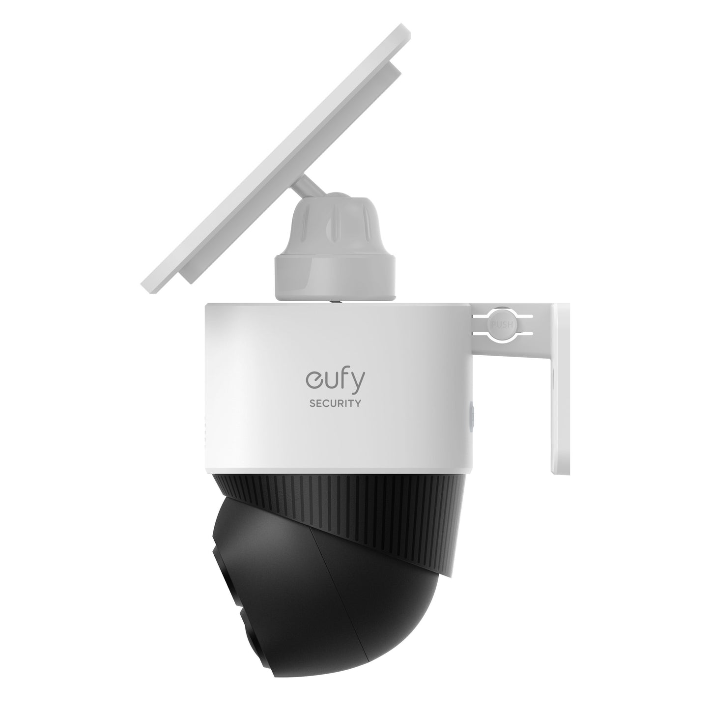 Eufy SoloCam S340 trådløs overvågningskamera hvid/sort med solpanel, monteret på vægbeslag, set fra siden.