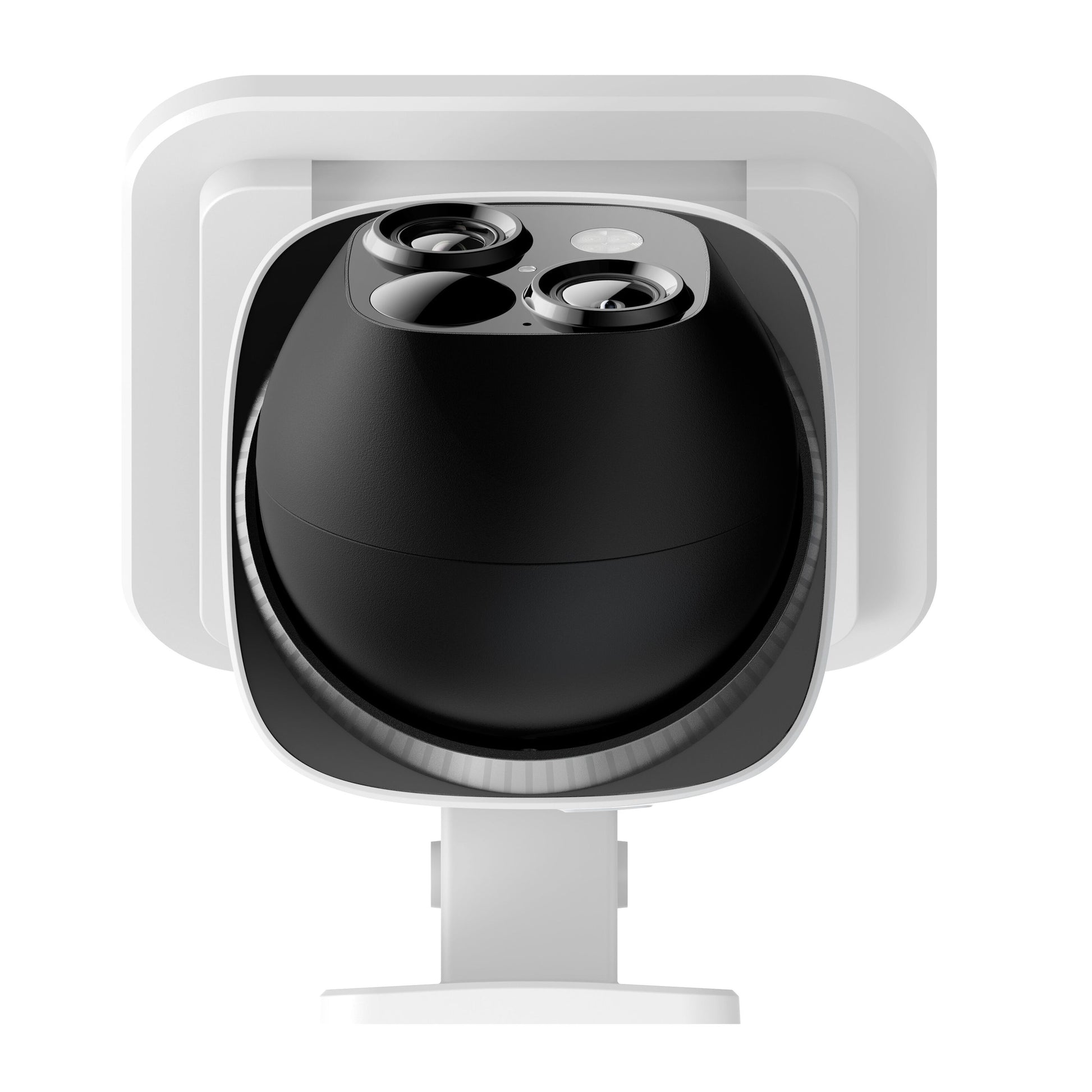 Eufy SoloCam S340 trådløst overvågningskamera med solpanel, sort kuppel-design, to linser, monteret på hvid beslag.