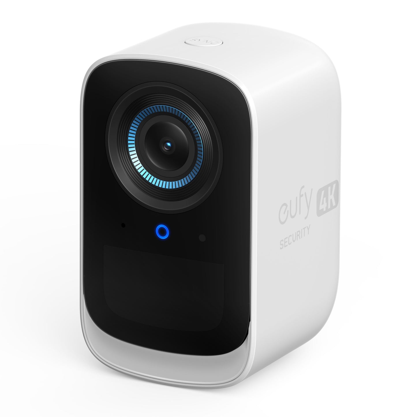Eufy EufyCam 3C Ekstrakamera hvid med sort front, cirkulær linse og blå indikatorlys, 4K opløsning.