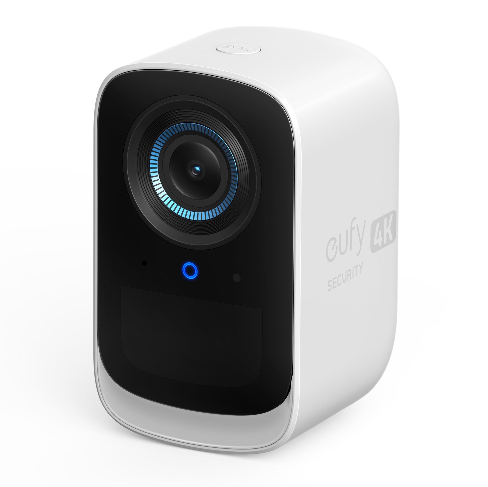 Eufy EufyCam 3C Ekstrakamera hvid med sort front, cirkulær linse og blå indikatorlys, 4K opløsning.