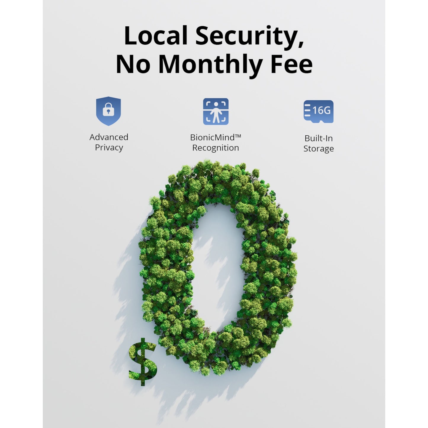 Eufy S380 HomeBase 3 lokal lagring 16GB, tekst "Local Security, No Monthly Fee", grønne træer som nul og dollartegn.