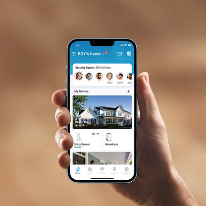 Eufy S380 HomeBase 3 16 GB, kameraer og indgangssensorer vises i Eufy security app på smartphone med hus-ikon.