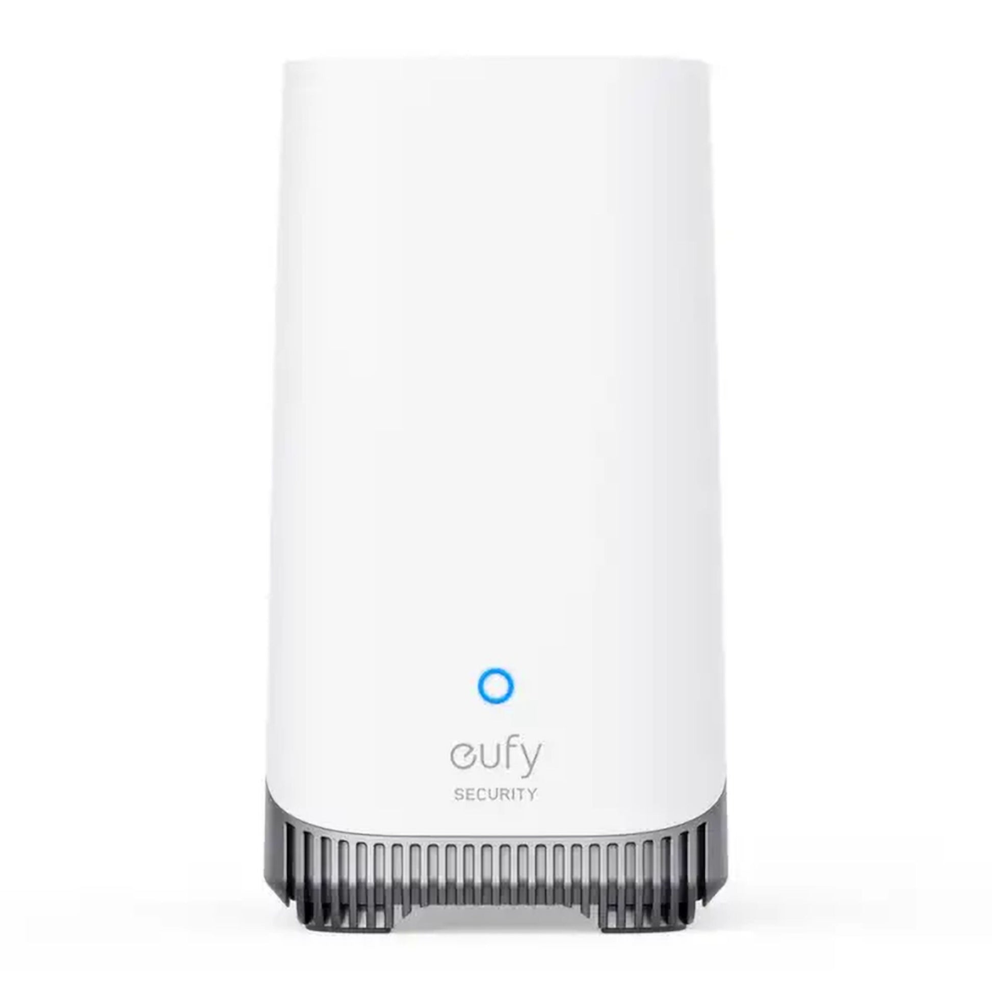 Eufy S380 HomeBase 3 16GB hvid, rektangulær, blå cirkulær lysring foran, sorte ventilationsåbninger nederst.