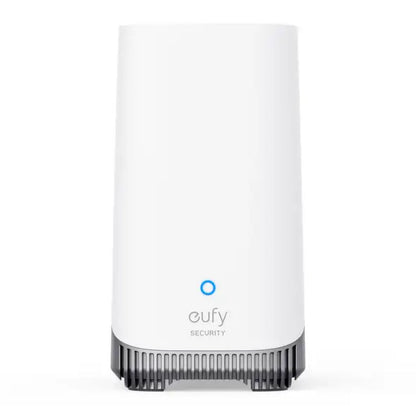 Eufy S380 HomeBase 3 16GB hvid, rektangulær, blå cirkulær lysring foran, sorte ventilationsåbninger nederst.