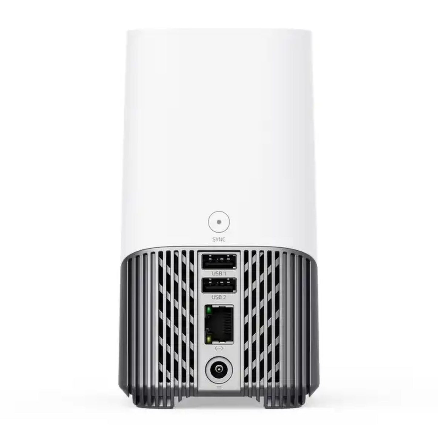 Eufy S380 HomeBase 3 16 GB hvid/grå sæt bagfra med SYNC-knap, 2 USB-porte, Ethernet, strømstik og ventileret bundt.