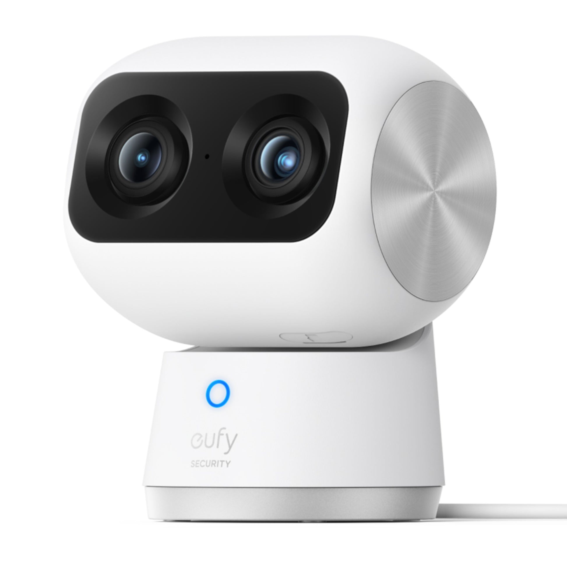 Eufy Indendørs Kamera S350 trådløst overvågningskamera med dual-linse, cylindrisk base og blåt indikatorlys.