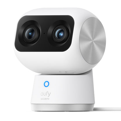 Eufy Indendørs Kamera S350 trådløst overvågningskamera med dual-linse, cylindrisk base og blåt indikatorlys.
