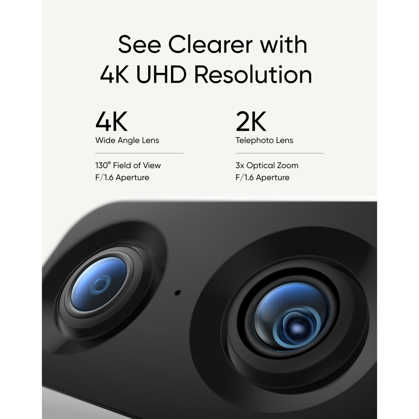 Eufy Indendørs kamera S350 trådløs overvågningskamera, dobbelt 4K UHD vidvinkel og 2x telefoto med 3x optisk zoom.