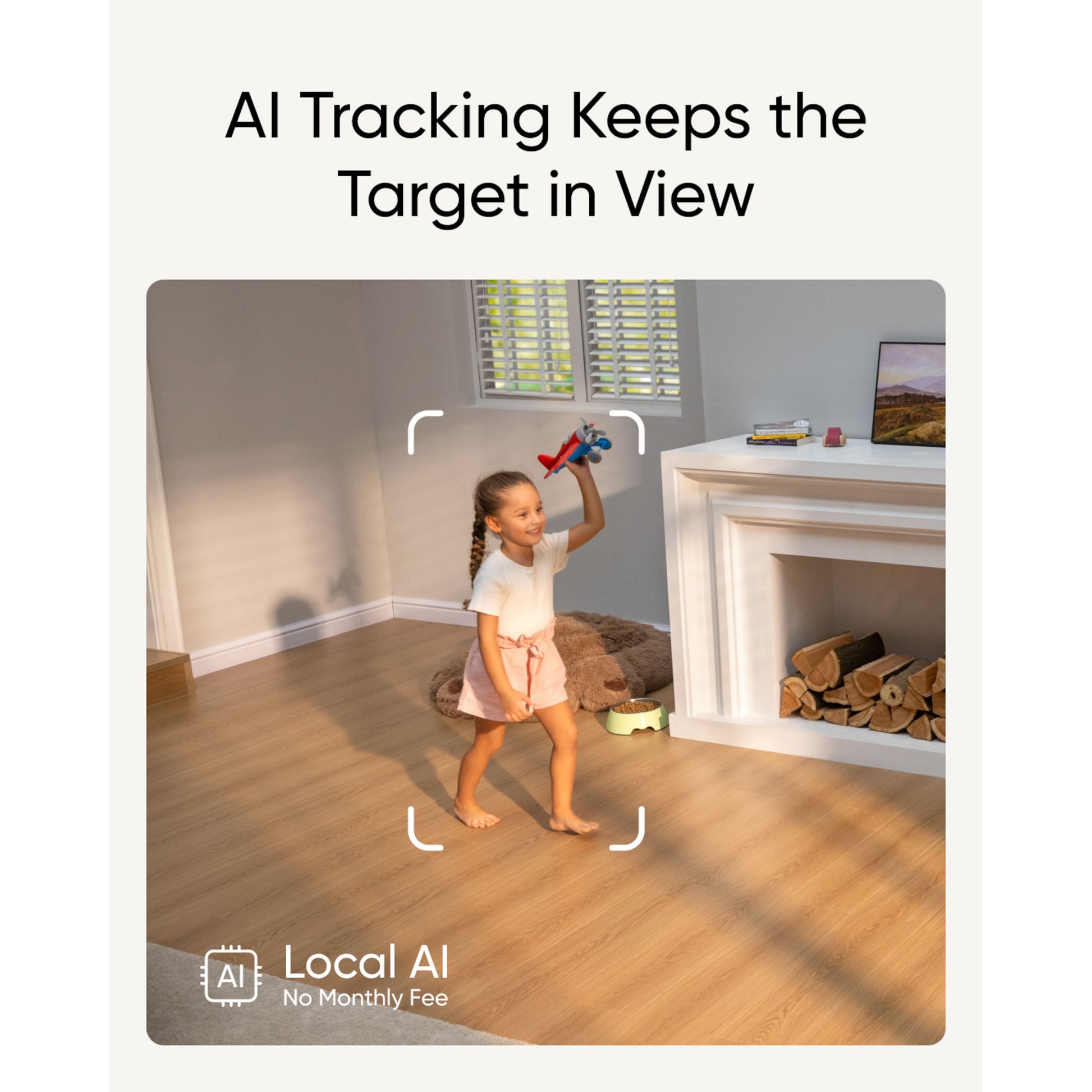 Eufy Indendørs kamera S350 Trådløs overvågningskamera digital tracking AI Tracking-text Local AI og No Monthly Fee ikoner.