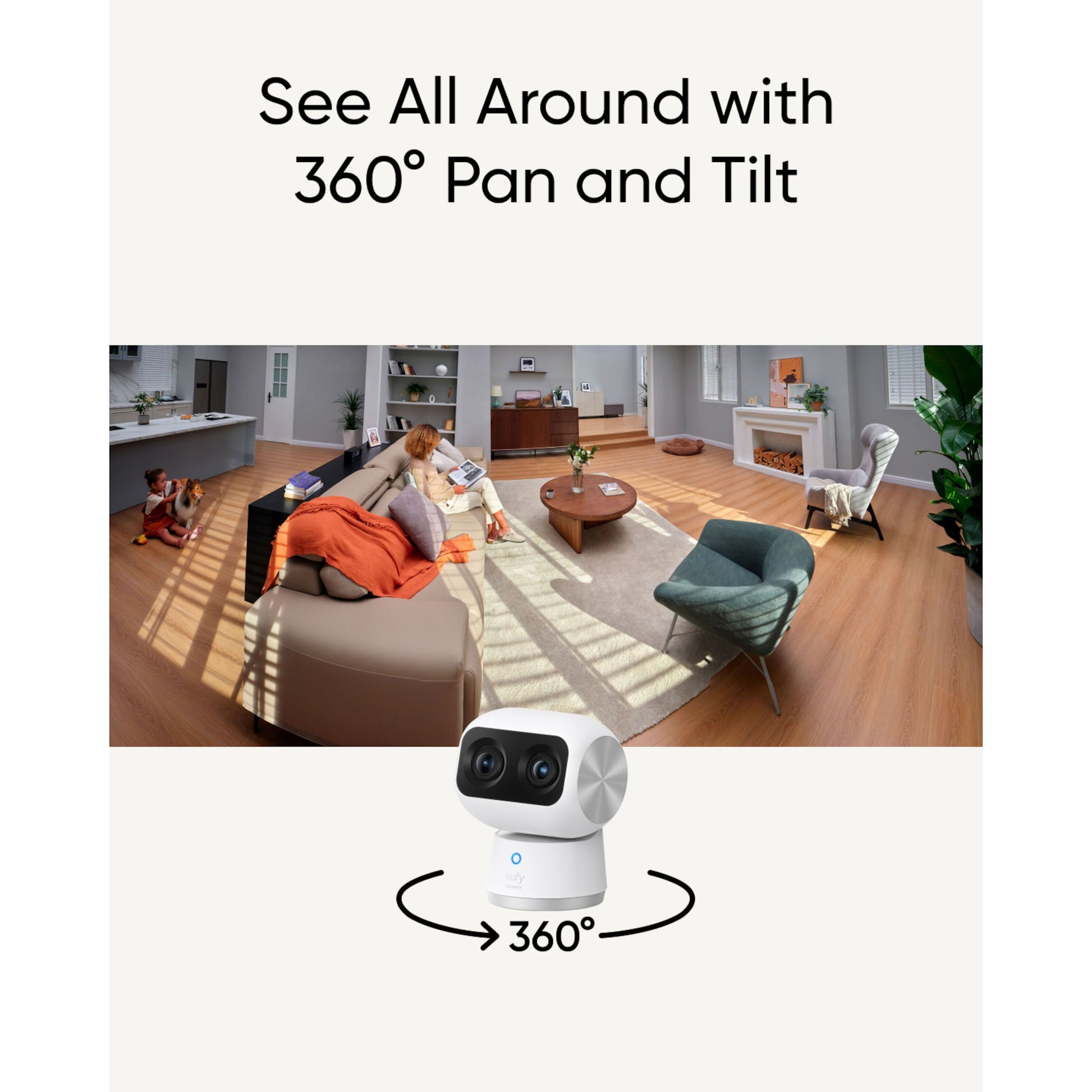 Eufy Indendørs kamera S350 trådløs overvågningskamera med 360° panoramavinkel, tekst: Se hele vejen rundt med 360° panorering og hældning.