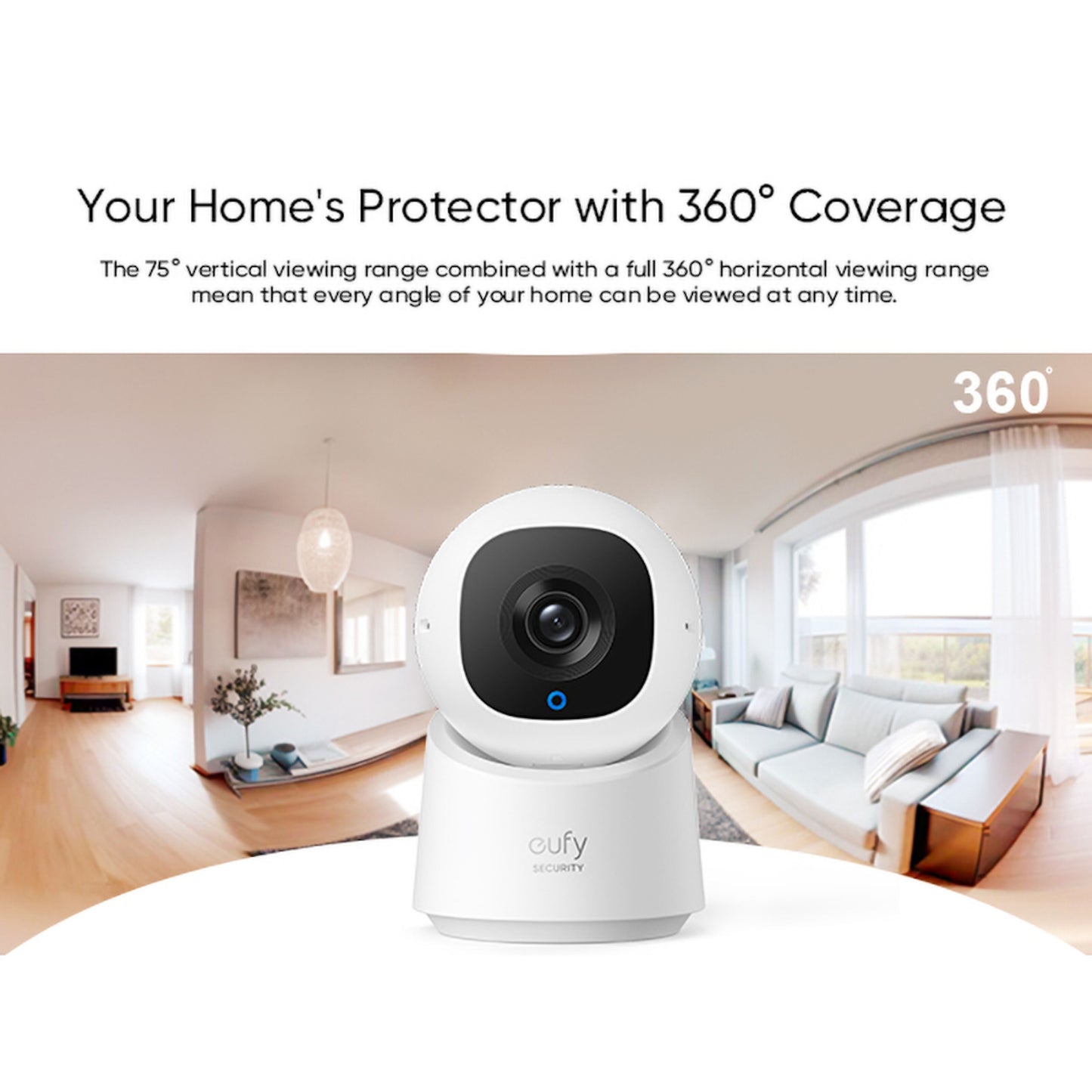 Eufy C220 indendørs trådløst kamera 2K med 360° panoramavisning over stue, viser smart home-integration.