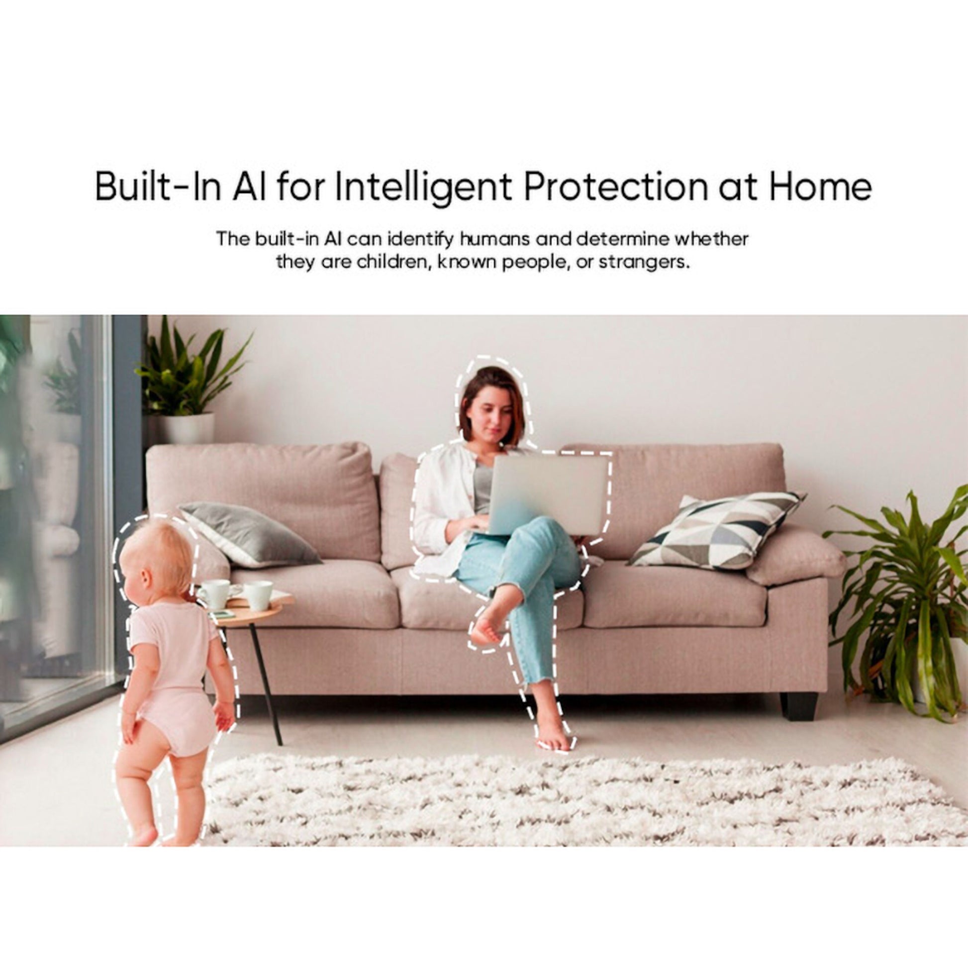 Eufy Indendørs kamera C220 Trådløs overvågningskamera 2K med AI-menneskeidentifikation og smart home-integration, set i brug.