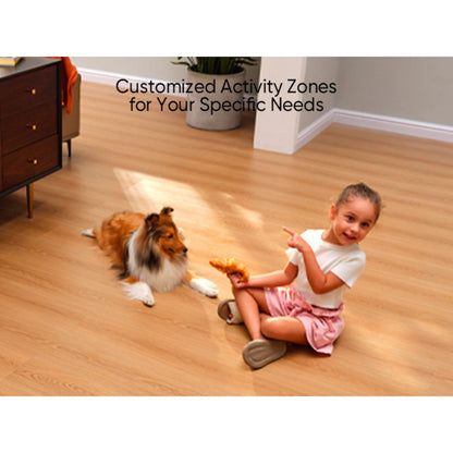 Eufy Indendørs kamera C220 2K hvid med tekst "Customized Activity Zones for Your Needs" i hjemmemiljø.
