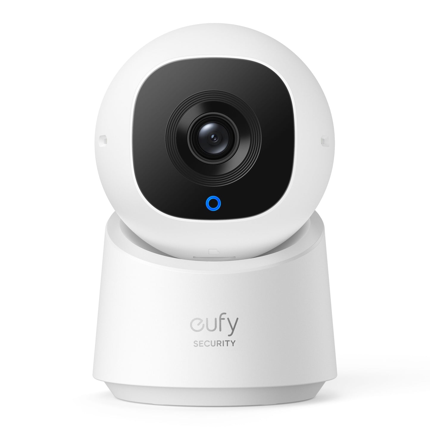 Eufy Indendørs kamera C220 trådløst 2K overvågningskamera sort rund linse blå LED rund base med eufy SECURITY-logo.