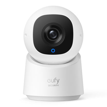 Eufy Indendørs kamera C220 trådløst 2K overvågningskamera sort rund linse blå LED rund base med eufy SECURITY-logo.