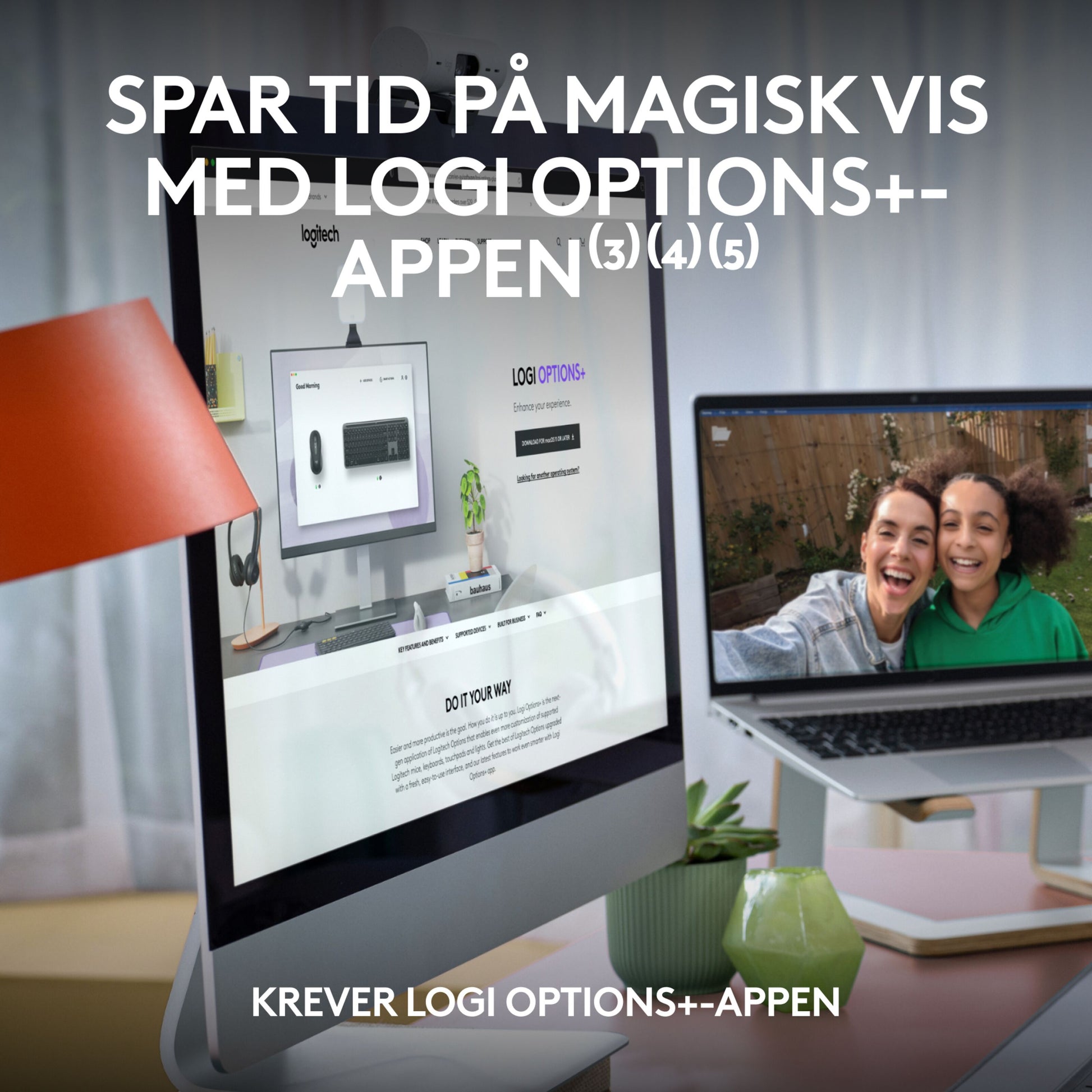 Logitech MK950 Signature Slim trådløst tastatur og mus vist med Logi Options+ app på skærm, dansk tekst i billedet.
