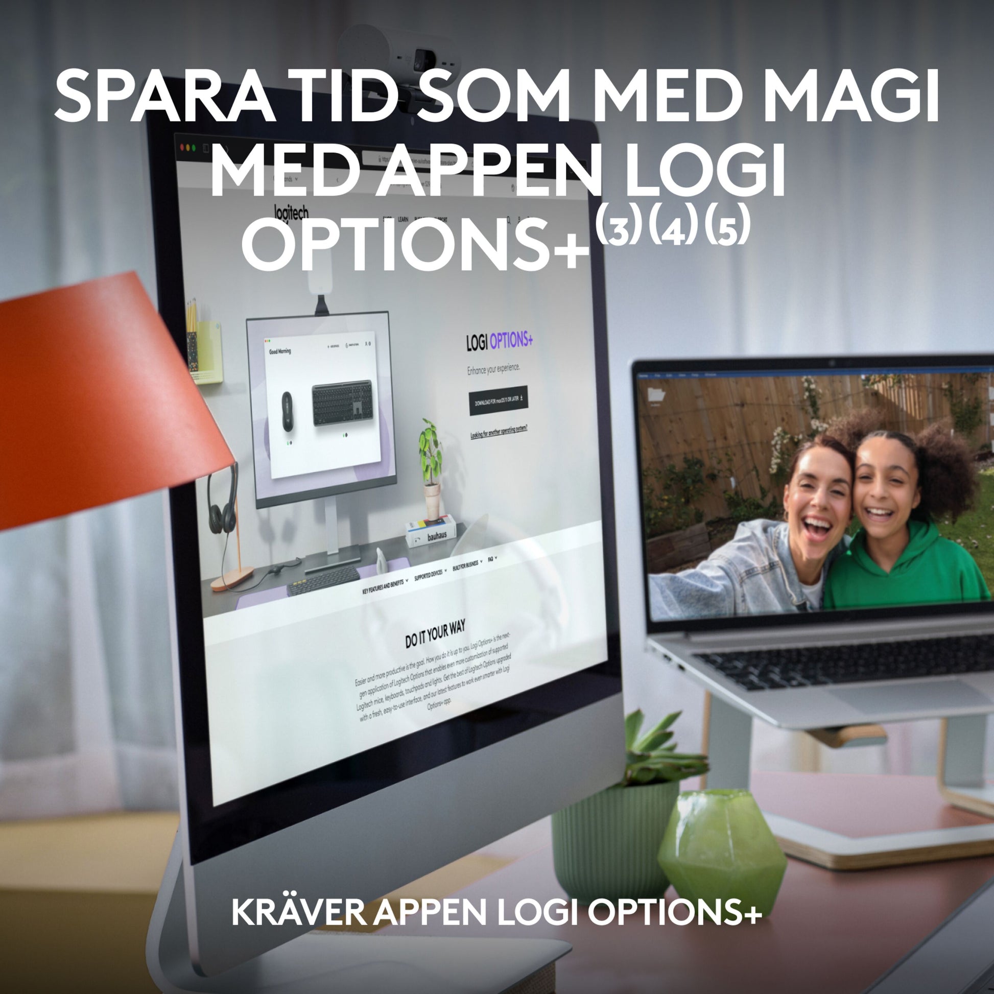 Logitech MK950 Signature Slim trådløst tastatur og mus, Logi Options+ app åben på skrivebord, svensk tekst synlig.