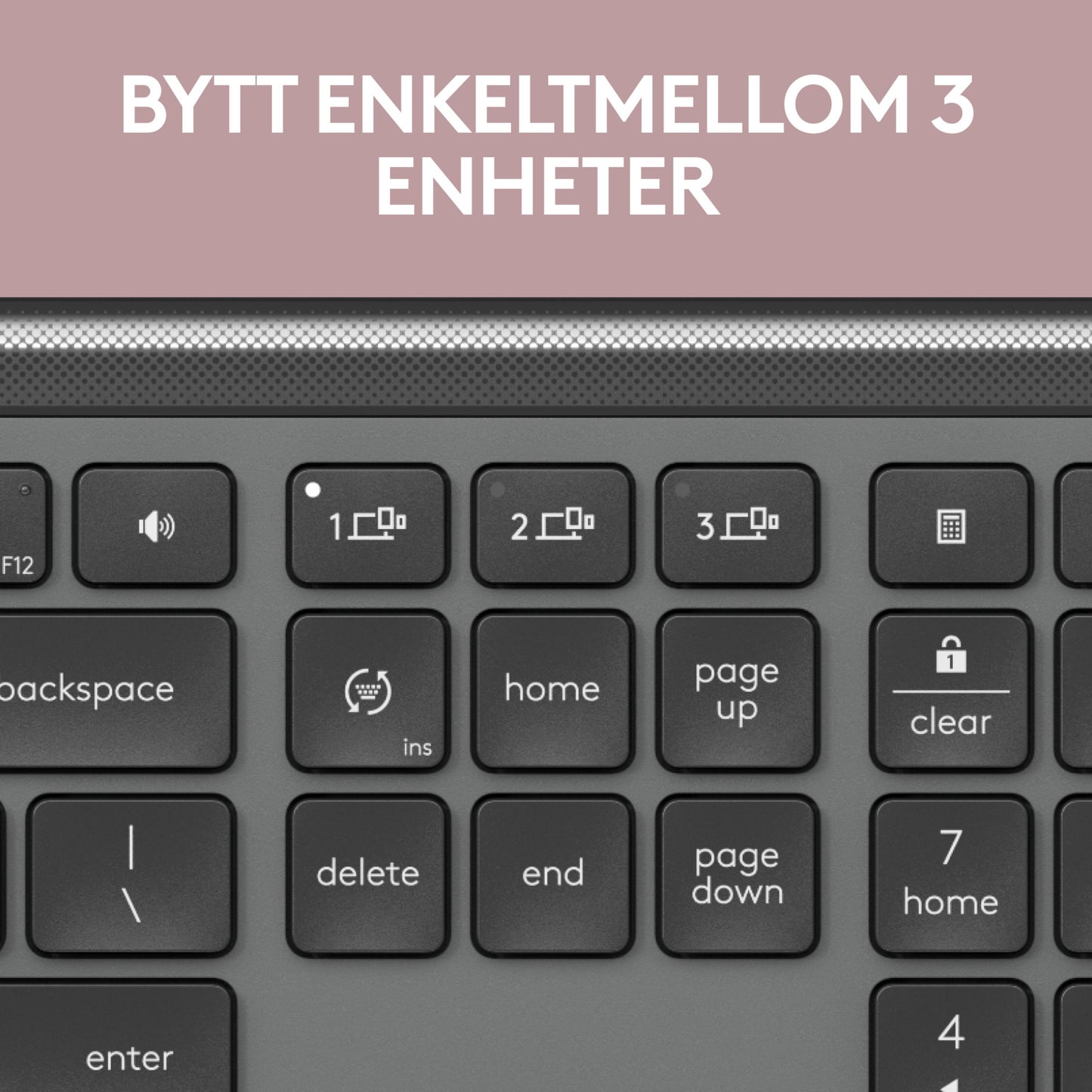 Logitech MK950 Signature Slim trådløst tastatur og mus med tydelige knapper til 3 enheder, norsk tekst: Bytt enkelt mellem 3 enheder.