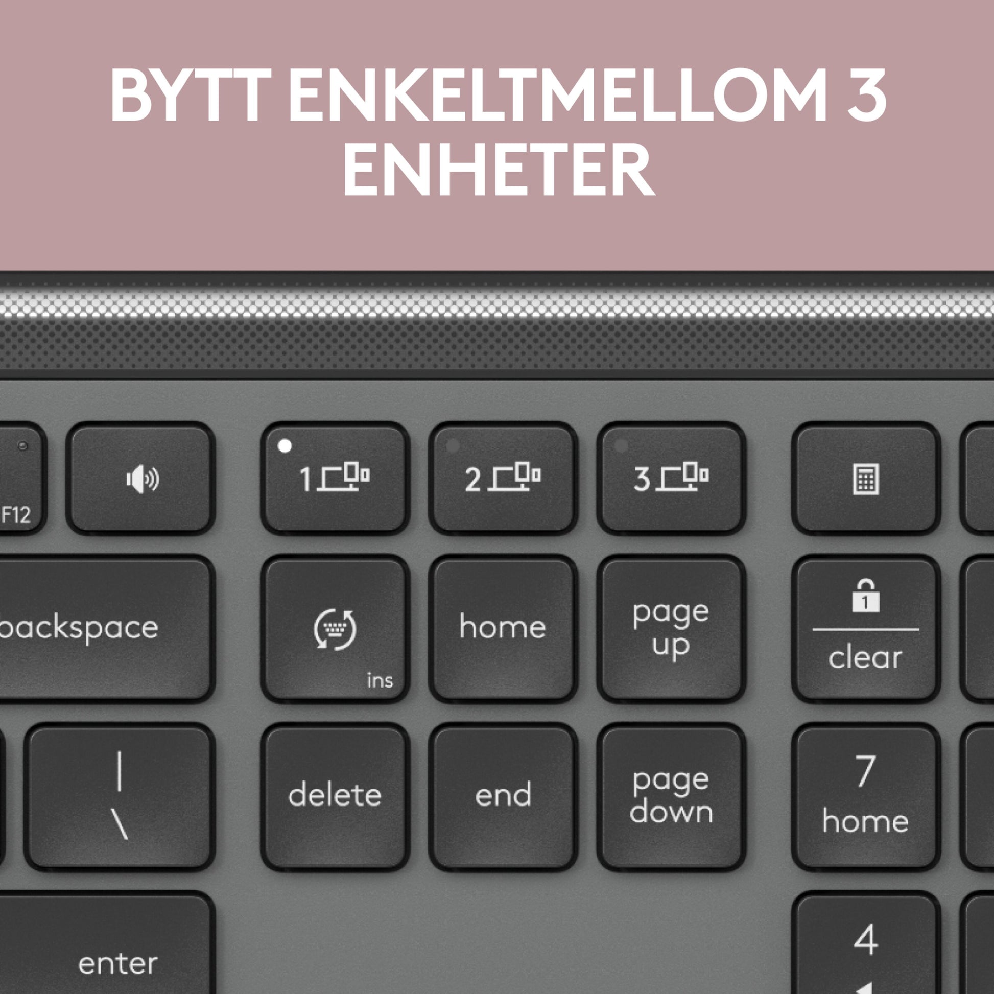 Logitech MK950 Signature Slim trådløst tastatur og mus med tydelige knapper til 3 enheder, norsk tekst: Bytt enkelt mellem 3 enheder.