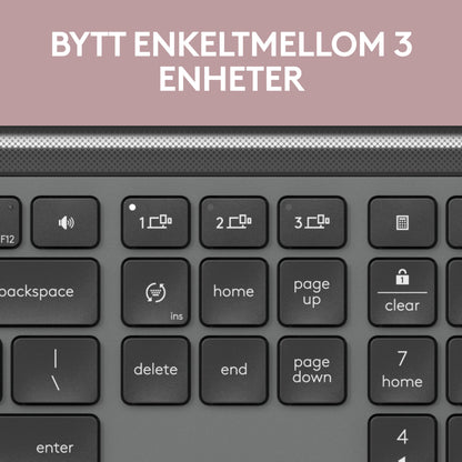 Logitech MK950 Signature Slim trådløst tastatur og mus med tydelige knapper til 3 enheder, norsk tekst: Bytt enkelt mellem 3 enheder.