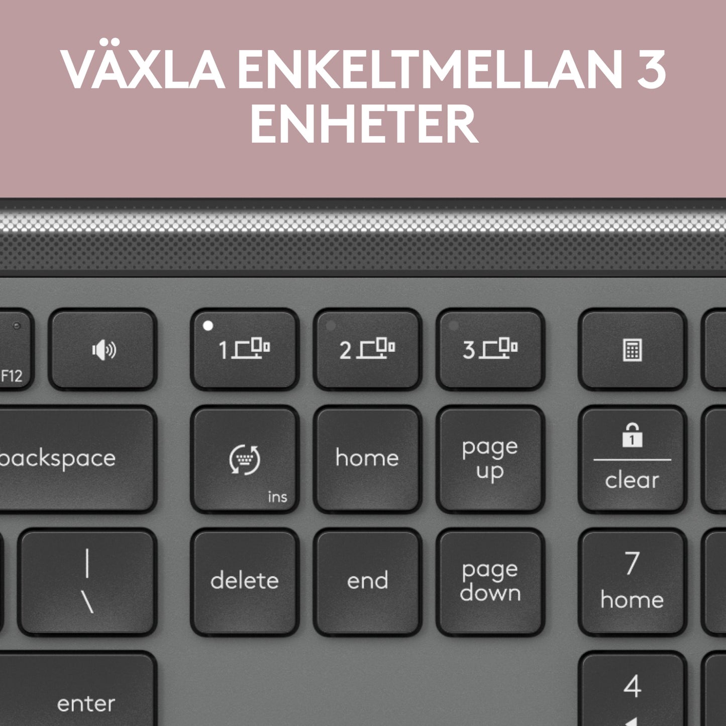 Logitech MK950 Signature Slim trådløst tastatur og mus, viser taster til tre enheder, svensk tekst "Växla enkelt mellan 3 enheter.