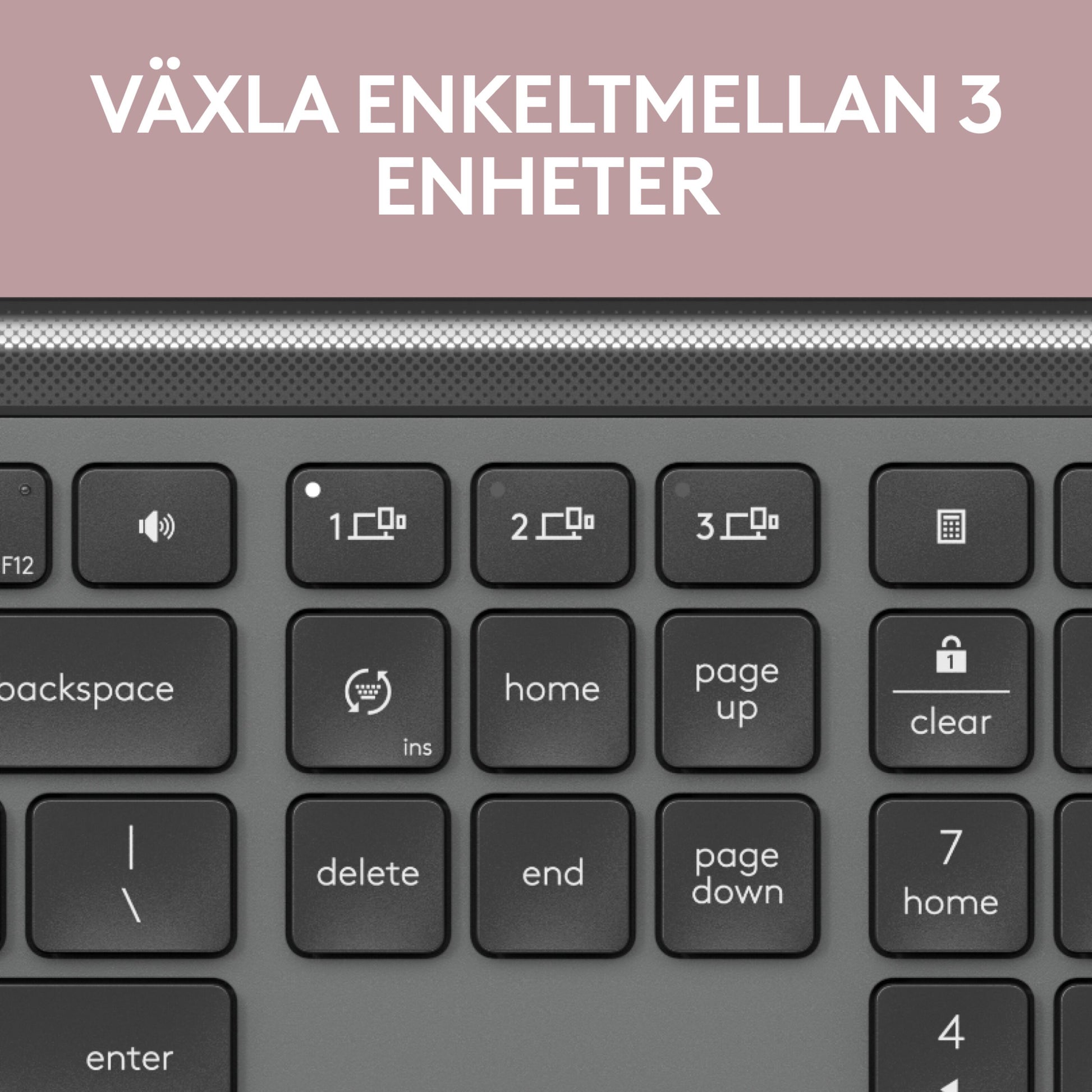 Logitech MK950 Signature Slim trådløst tastatur og mus, viser taster til tre enheder, svensk tekst "Växla enkelt mellan 3 enheter.