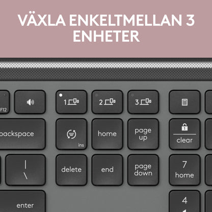 Logitech MK950 Signature Slim trådløst tastatur og mus, viser taster til tre enheder, svensk tekst "Växla enkelt mellan 3 enheter.
