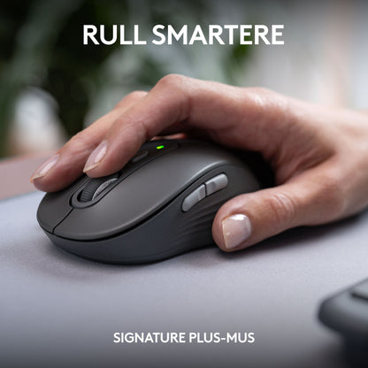 Logitech MK950 Signature Slim trådløst tastatur og grå mus, tekst "RULL SMARTERE" over og "SIGNATURE PLUS-MUS" under.