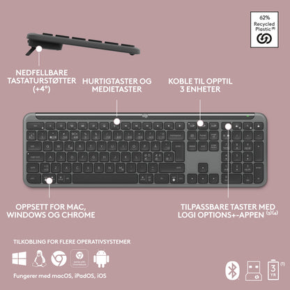 Logitech MK950 Signature Slim trådløst tastatur og mus, stille taster, justerbar tilt, multi-enhed, Mac/Windows/Chrome.