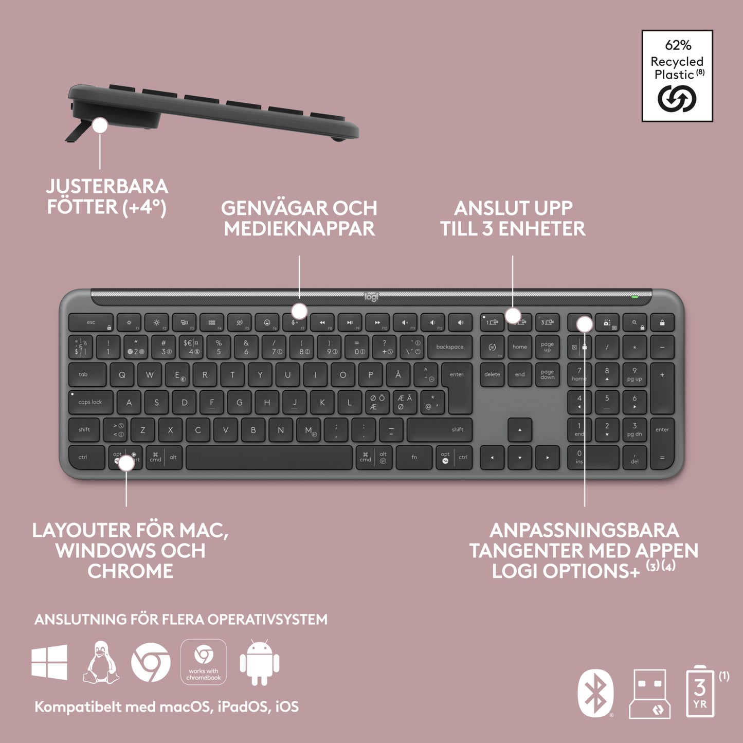 Logitech MK950 Signature Slim gråt trådløst tastatur og mus, svenske taster, justerbare fødder, multi-device, 62 genbrugsplast.