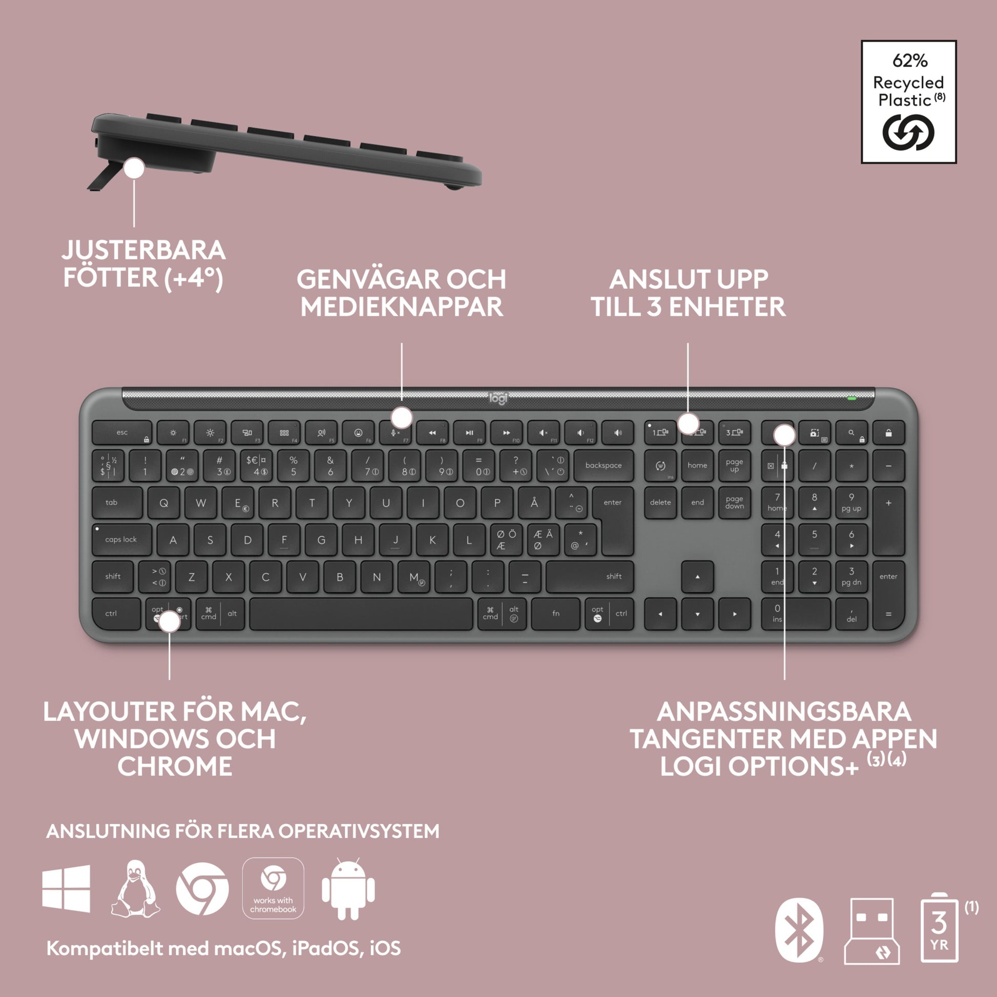Logitech MK950 Signature Slim gråt trådløst tastatur og mus, svenske taster, justerbare fødder, multi-device, 62 genbrugsplast.