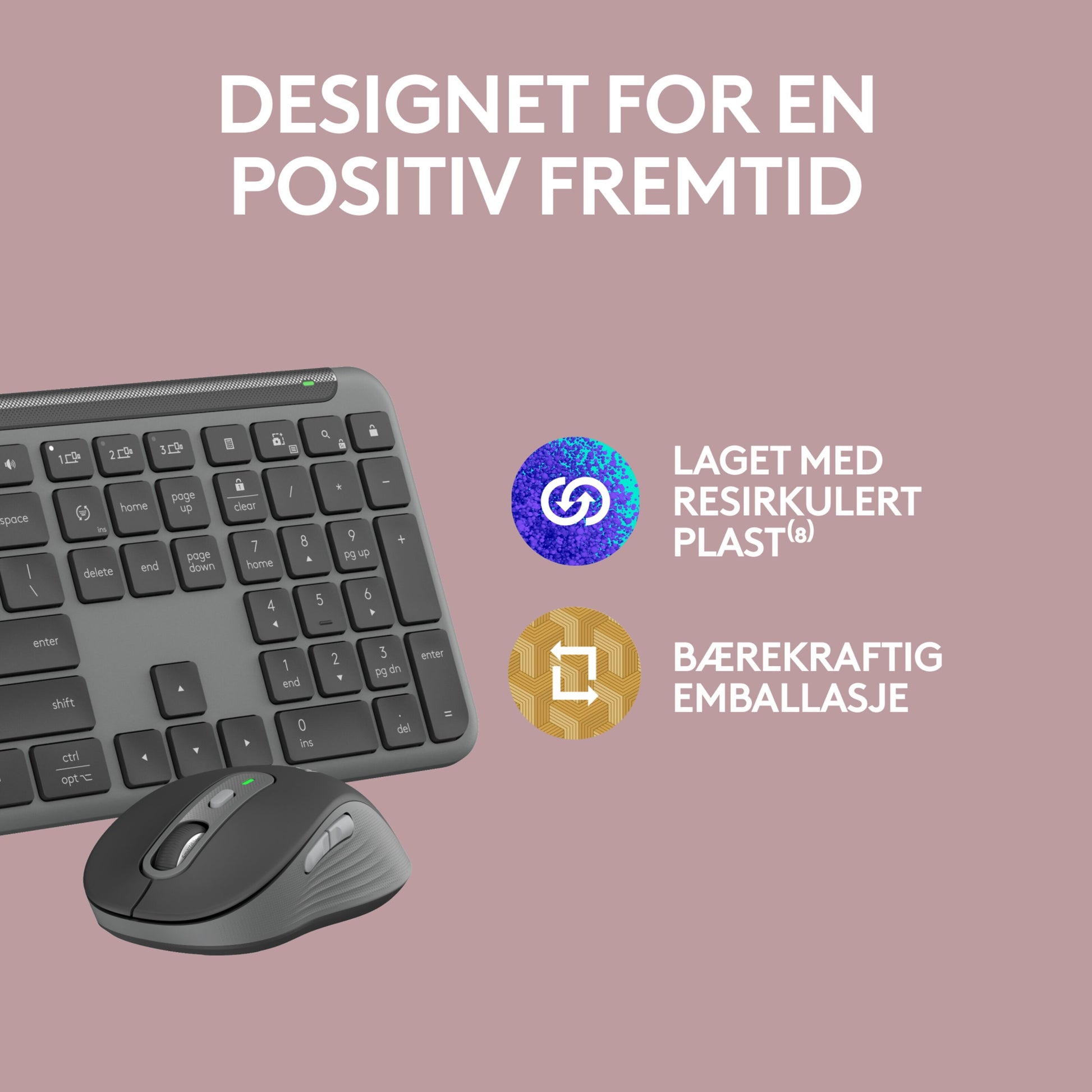 Logitech MK950 Signature Slim trådløst tastatur og mus på rosa baggrund med tekst om genbrugsplast og bæredygtig emballage.