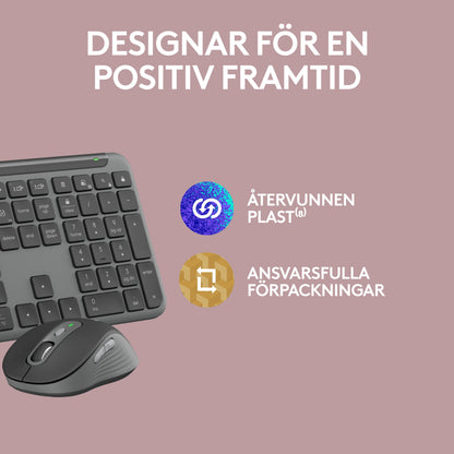 Logitech MK950 Signature Slim trådløst tastatur og mus på lilla baggrund, svensk tekst og ikoner til genanvendt plastik.