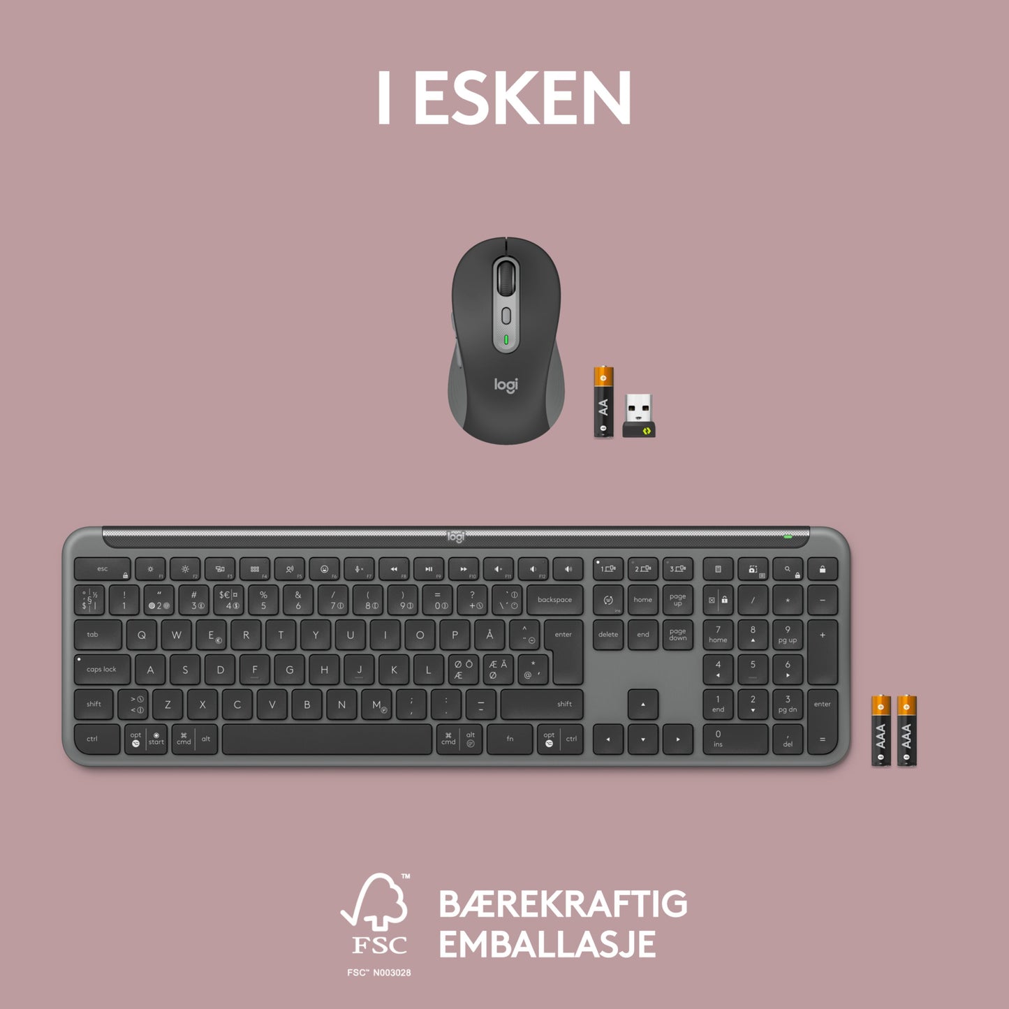 Logitech MK950 Signature Slim trådløst tastatur og mus med to USB-modtagere, AA-batterier, norsk tekst og ikoner.