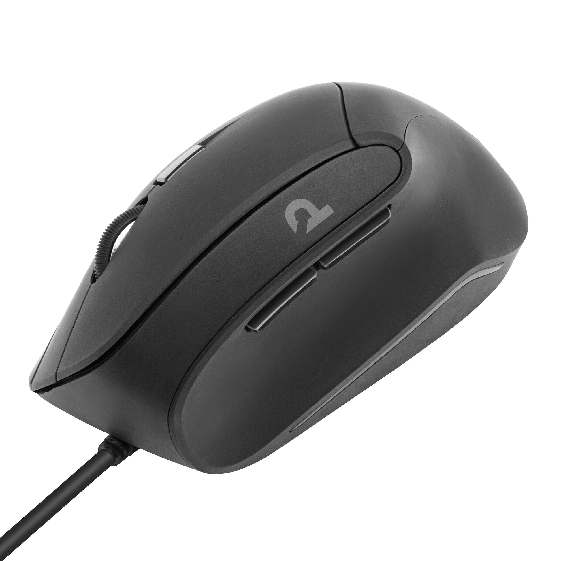Plexgear MK124 sort kablet ergonomisk vertikal mus med scrollhjul, to sideknapper og hvidt logo synligt på siden.