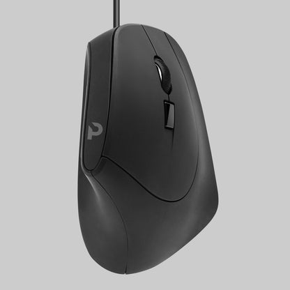 Plexgear MK124 vertikal højrehånds mus til computer, sort med scrollhjul, set fra siden mod grå baggrund.