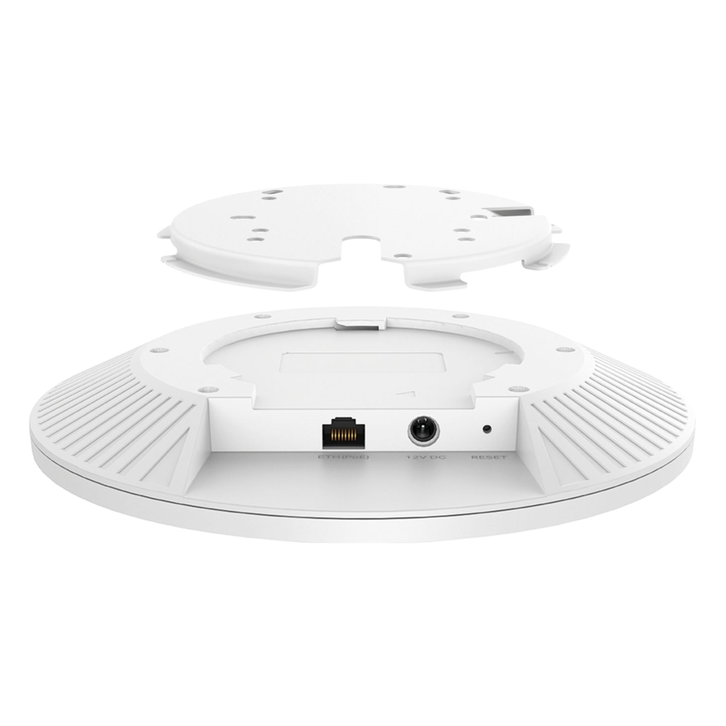 TP-Link Omada EAP772 Wifi 7 Roaming-adgangspunkt BE11000, hvid, rund, aftageligt dæksel, Ethernet/power/reset-porte.