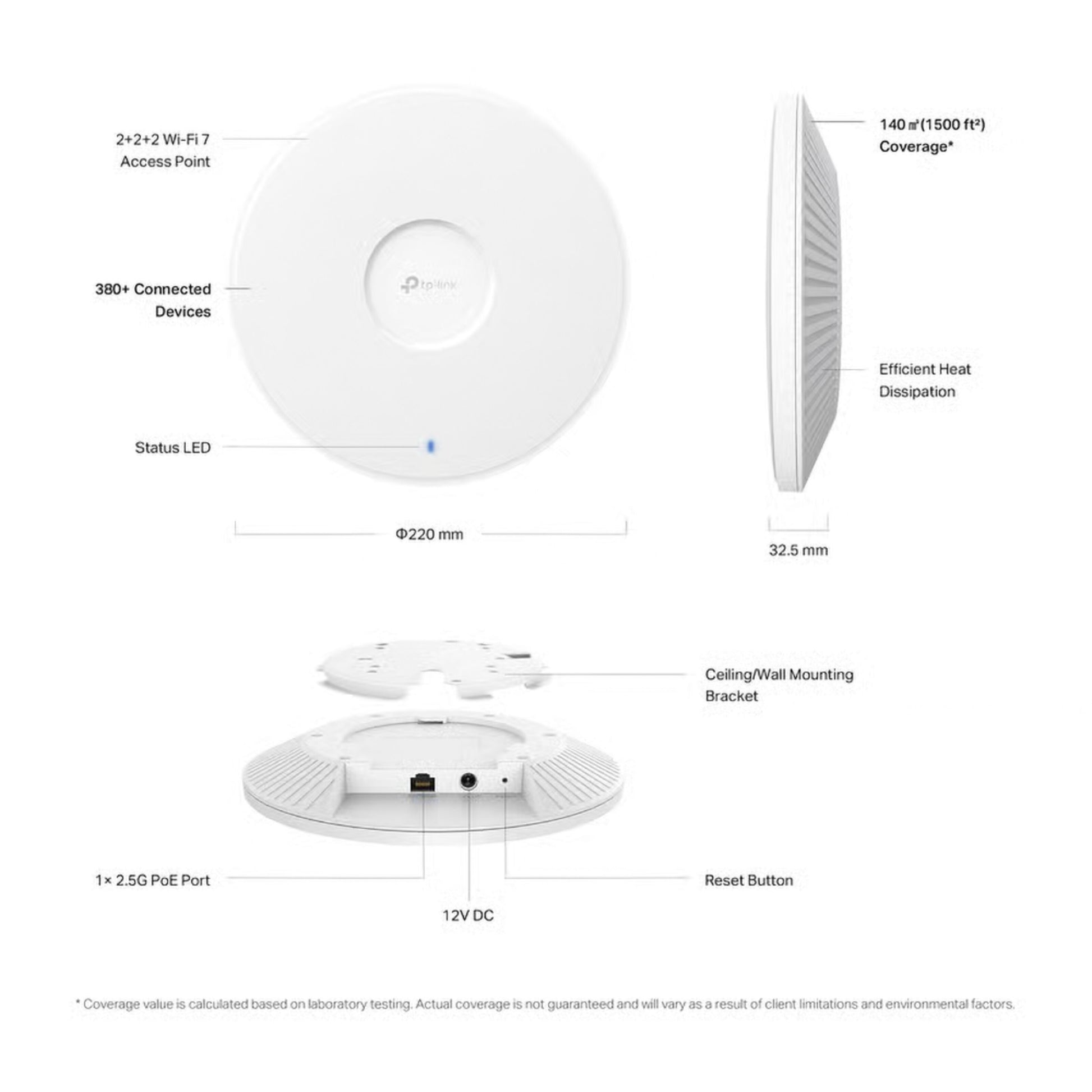 TP-Link EAP772 WiFi 7 adgangspunkt BE11000, rund, 220mm, 32.5mm, PoE/DC porte, vægbeslag, reset-knap, LED.