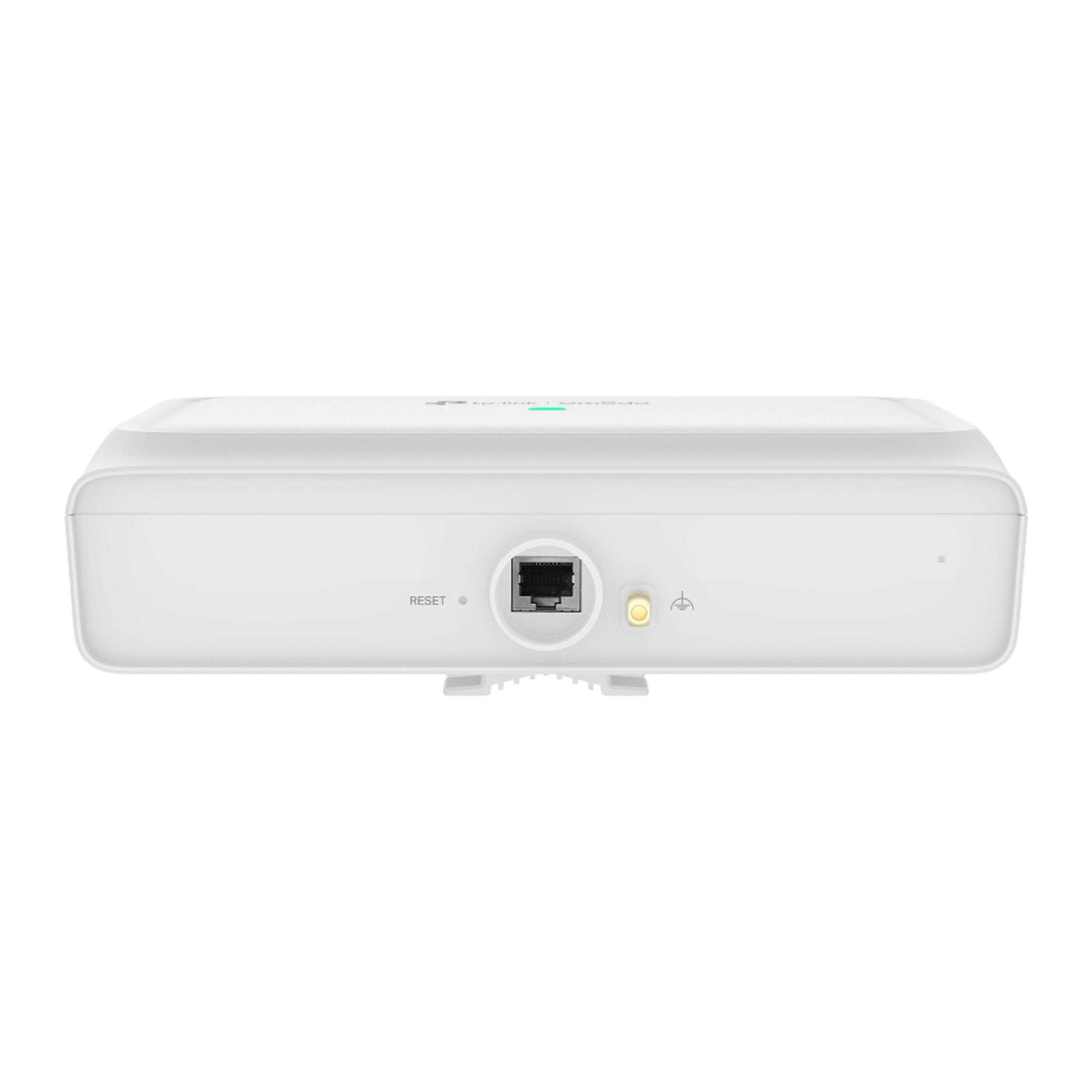 TP-Link Omada EAP772 Wifi 7 udendørs adgangspunkt BE11000 hvid, 5 GbE port centralt, reset til venstre, power/status LED højre.