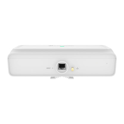 TP-Link Omada EAP772 Wifi 7 udendørs adgangspunkt BE11000 hvid, 5 GbE port centralt, reset til venstre, power/status LED højre.