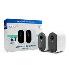 Arlo Essentiel HD XL Overvågningskamera 2-pakke, hvide/sorte kameraer foran æske med 4-i-1, trådløs og XL-batteri.