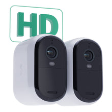 Arlo Essential HD XL overvågningskamera 2-pak sort/hvid, trådløst, høj opløsning, XL genopladeligt batteri, grønt HD-ikon.