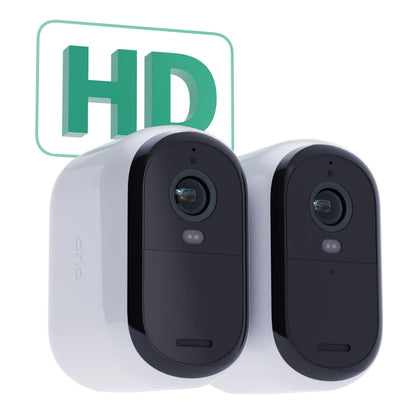 Arlo Essential HD XL overvågningskamera 2-pak sort/hvid, trådløst, høj opløsning, XL genopladeligt batteri, grønt HD-ikon.