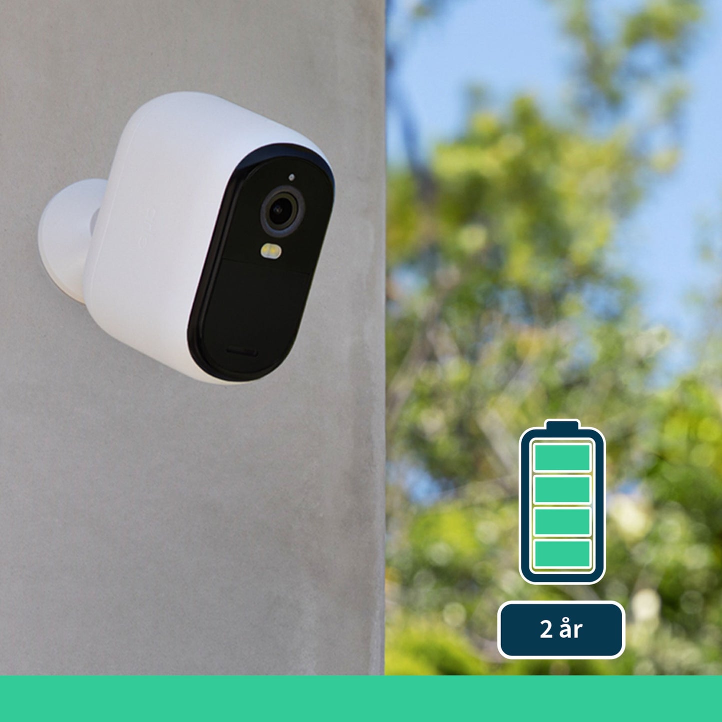 Arlo Essentiel HD XL overvågningskamera 2-pakke, genopladeligt XL-batteri, monteret på grå væg, ikon med 2 års batteritid.