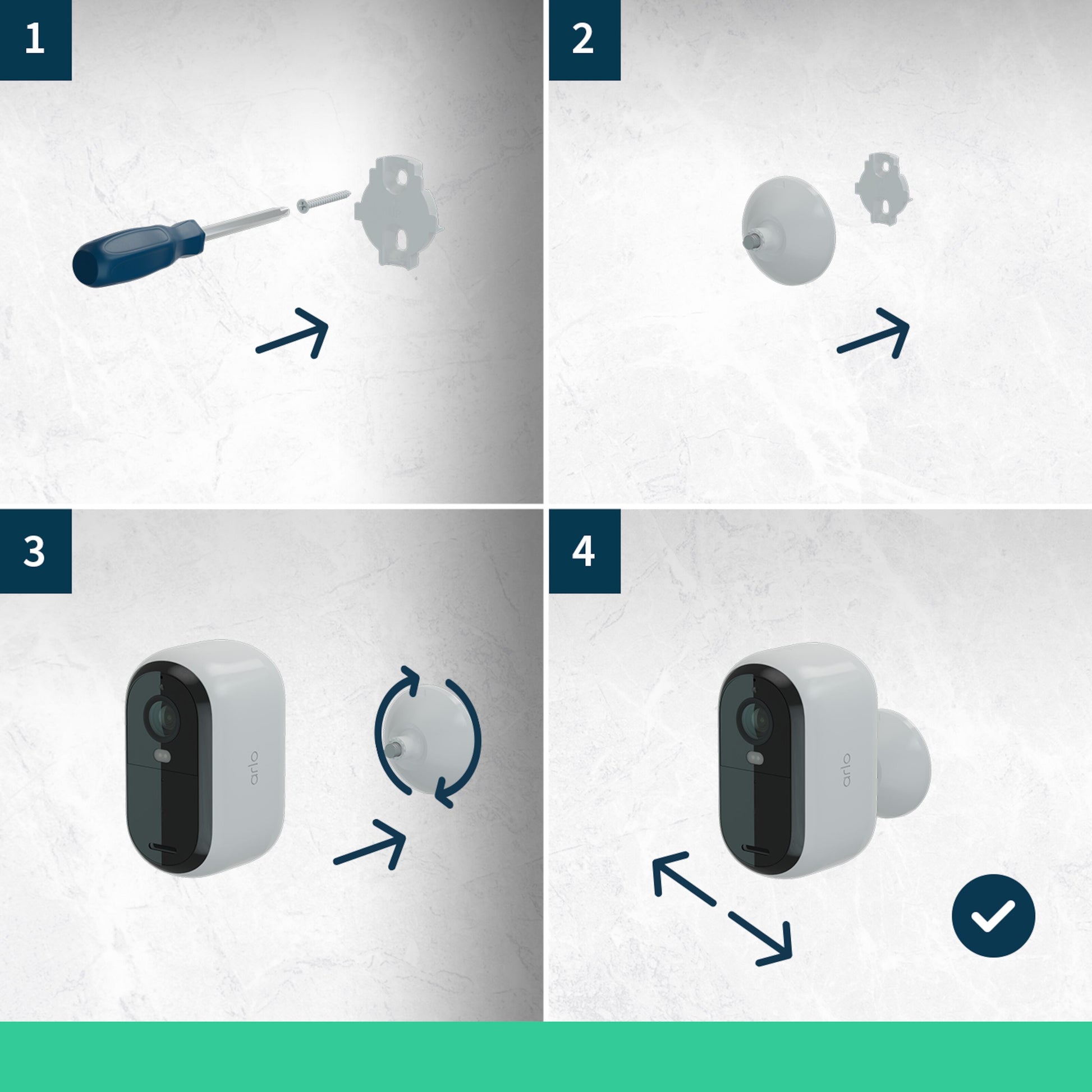 Arlo Essentiel HD XL Overvågningskamera 2-pakke monteringsvejledning med blå pile og tal for hver trin.