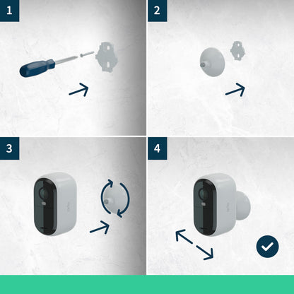 Arlo Essentiel HD XL Overvågningskamera 2-pakke monteringsvejledning med blå pile og tal for hver trin.