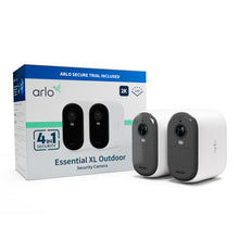 Arlo Essential 2K XL overvågningskamera 2-pakke med emballage, der viser nattesyn, 2K-video og Arlo Secure-prøve.